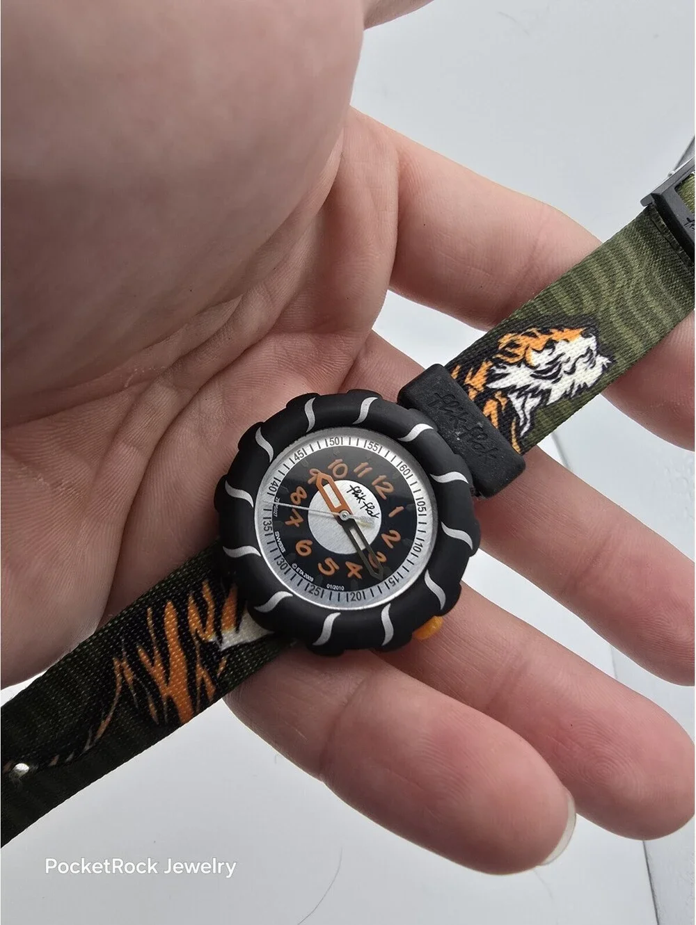 Flik Flak Swiss Made Tiger Print Green Fabric Strap Kids Quartz Watch 2010